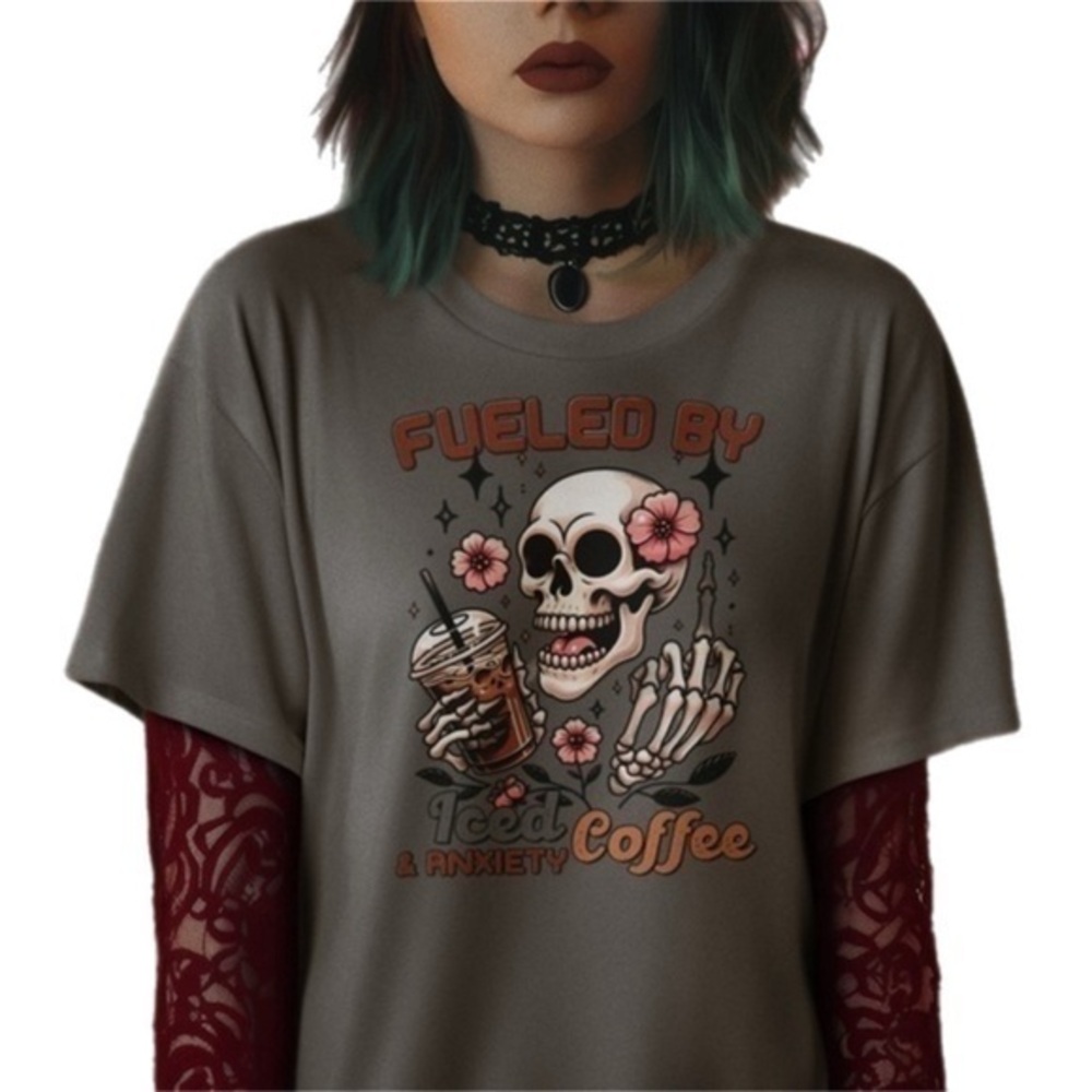 Charcoal Grey Short Sleeve Graphic T ‘Fuel by Iced Coffee & Anxiety’ with Skull